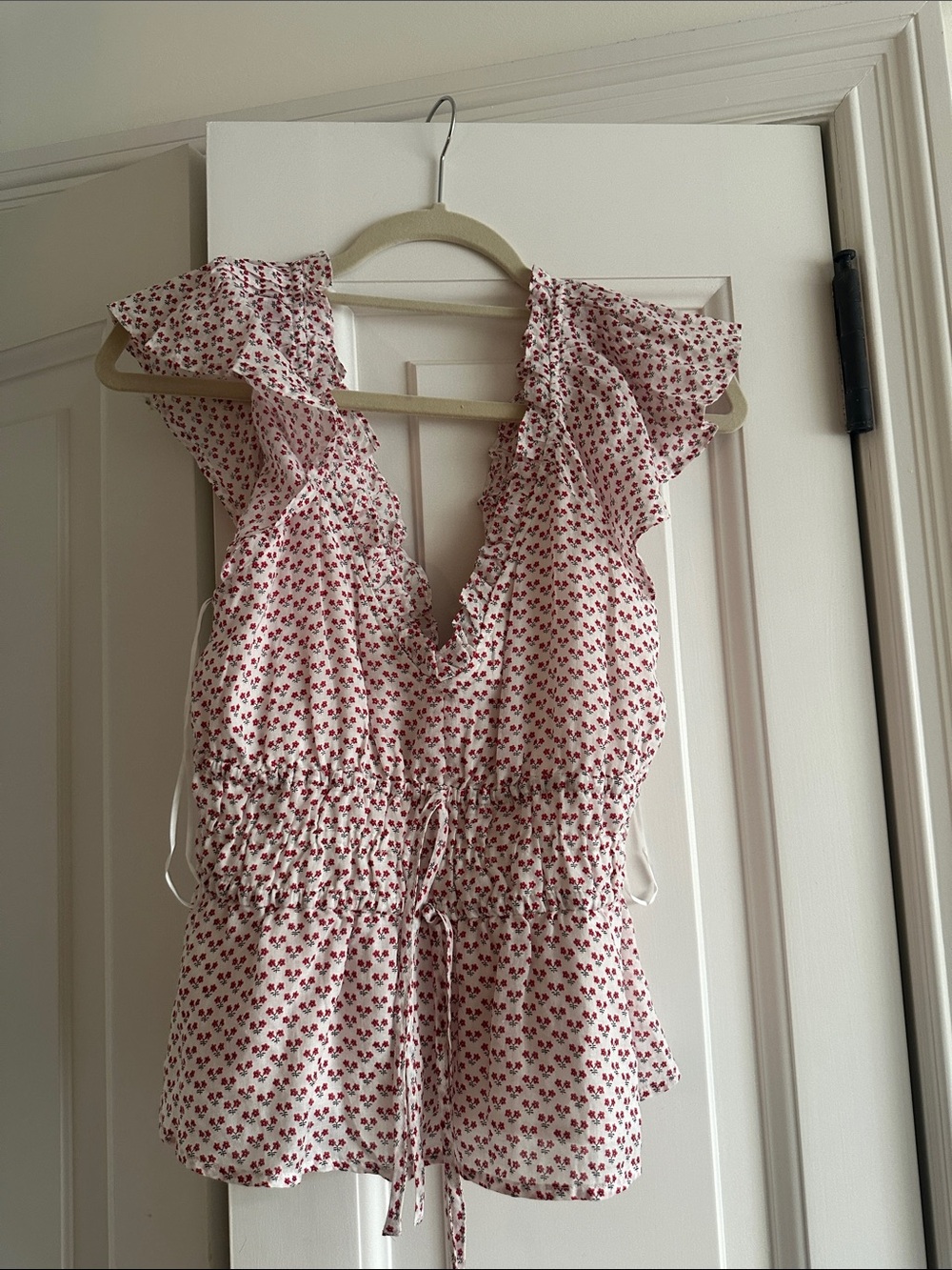 J. Crew Pink Floral Ruffle V-Neck Blouse